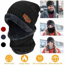 Men's New Fashion Winter Warm Beanie Hat And Scarf Set, Knitted Skull Cap Neck Warmer